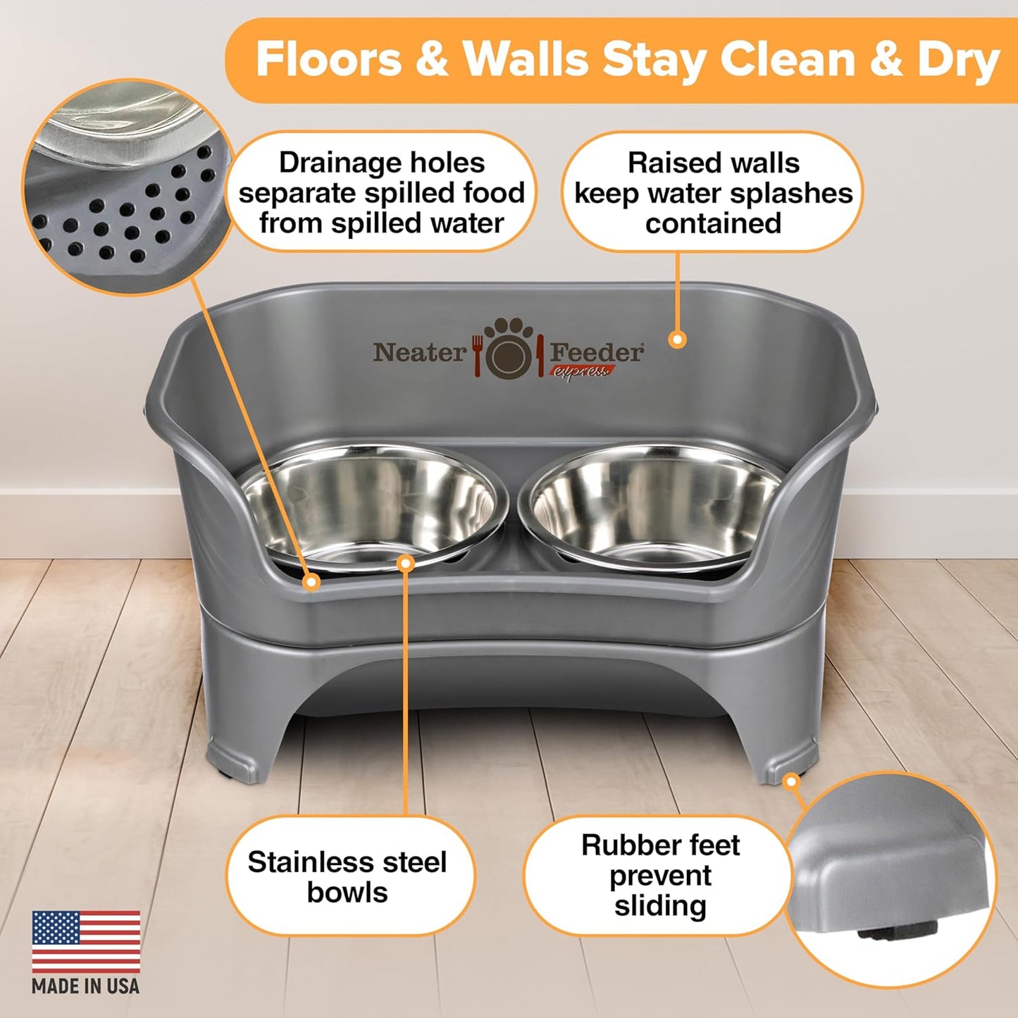 Neater Feeder Express Mess Proof Dog Bowls Elevated for Small Breeds under 15 Lb, Made in USA, No Spill Raised Dog Food Bowl Stand, Stainless Steel Food and Water Bowl Set, Feeding Station, Cappuccino