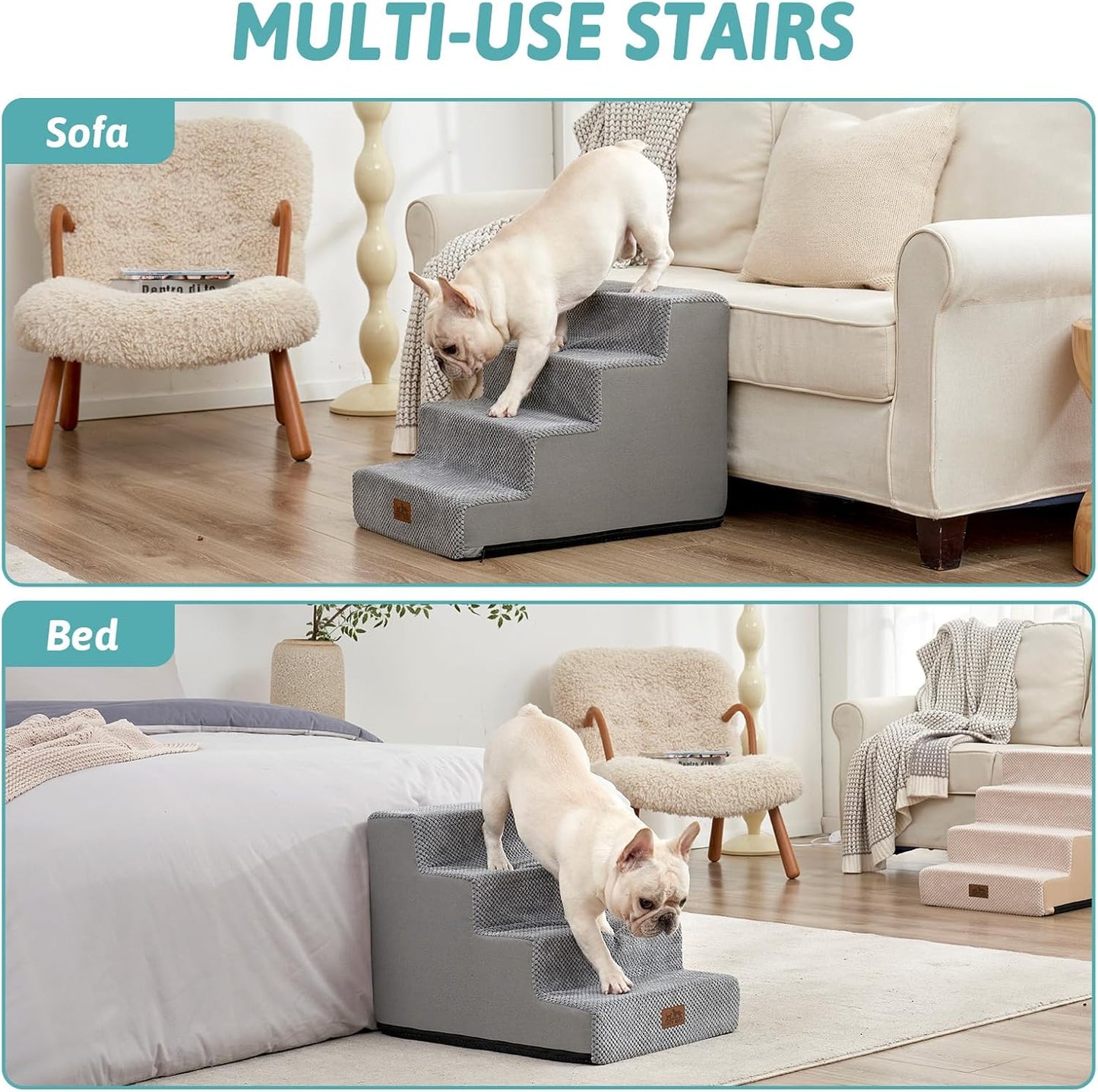 COZY KISS Dog Stairs for Small Dogs, 4 Tier Wider Pet Stairs for Couch and Beds, 17.7" H Non-Slip Dog Steps for Old Cats, Puppy, Small Medium Dogs, 17.7x23.6x17.7 inch, Beige