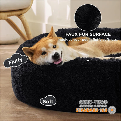 Bedsure Calming Dog Bed Medium Size Dog - Donut Washable Medium Pet Bed, 30 inches Anti-Slip Round Fluffy Plush Faux Fur Cat Bed, Fits up to 45 lbs Pets, Camel