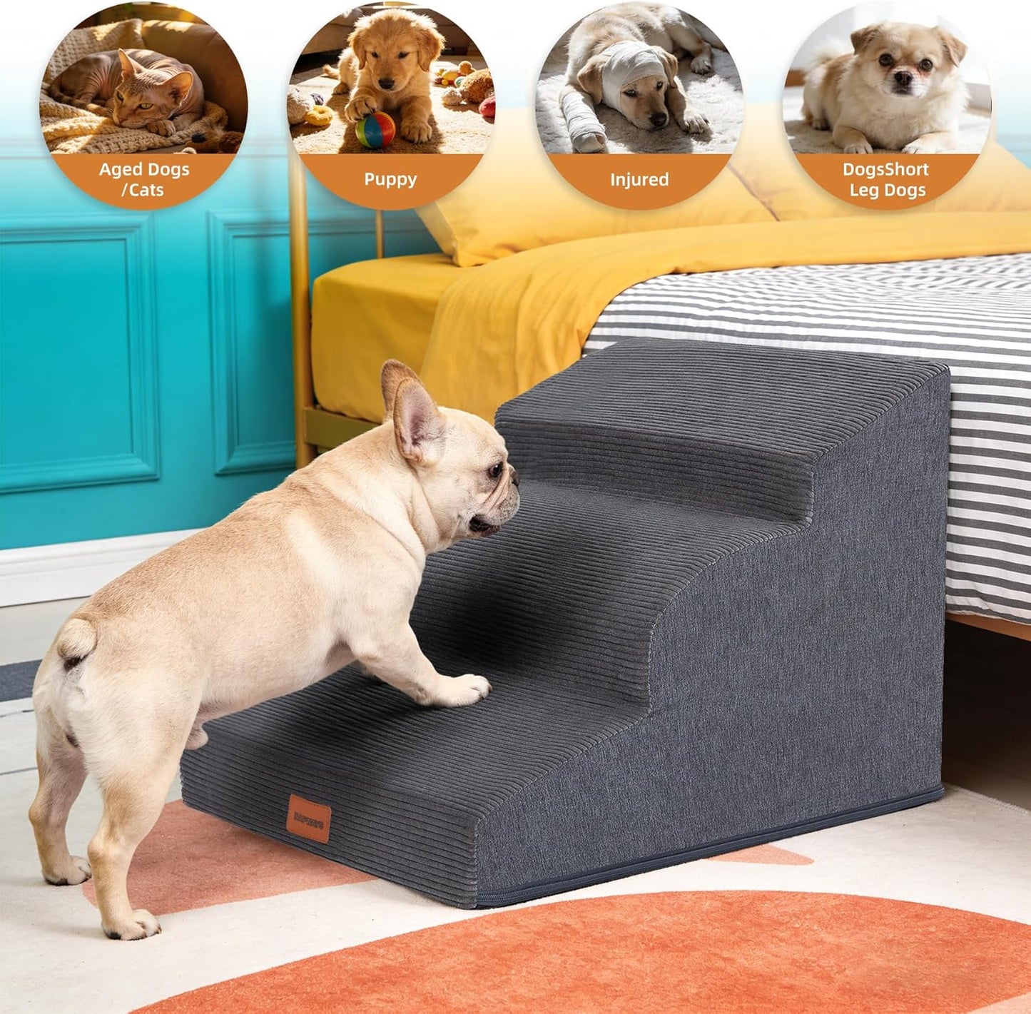 Dog Stairs for Small Dogs and Cats, 15.7" H, 3-Step Curved Pet Ramp for Couch Sofa and Chair, Non-Slip Medium Pet Steps with High Density Foam, Beige