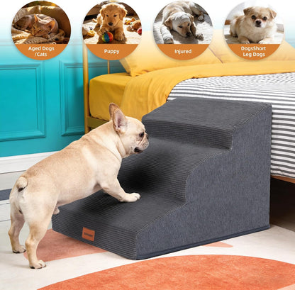 Dog Stairs for Small Dogs and Cats, 15.7" H, 3-Step Curved Pet Ramp for Couch Sofa and Chair, Non-Slip Medium Pet Steps with High Density Foam, Beige
