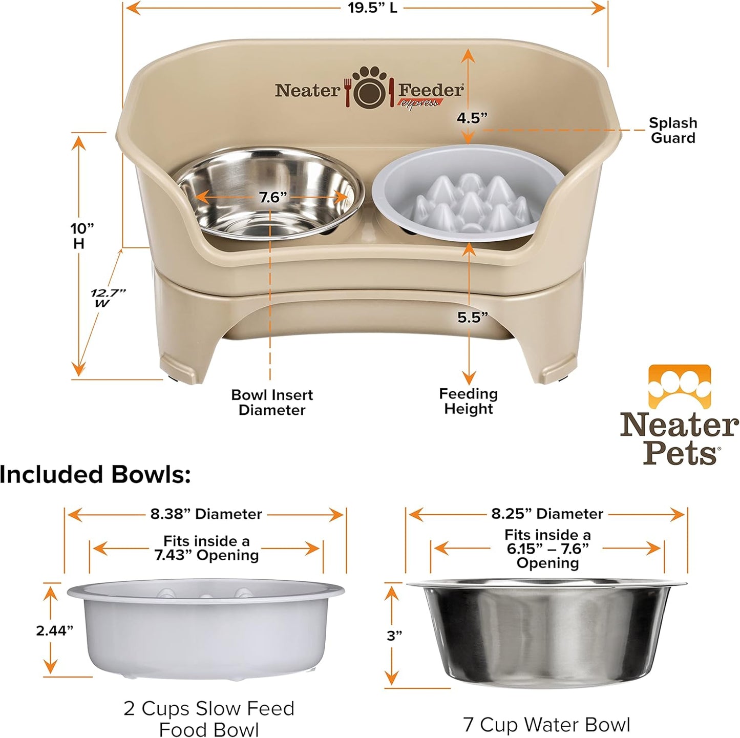 Neater Feeder Express Mess Proof Dog Bowls Elevated for Small Breeds under 15 Lb, Made in USA, No Spill Raised Dog Food Bowl Stand, Stainless Steel Food and Water Bowl Set, Feeding Station, Cappuccino