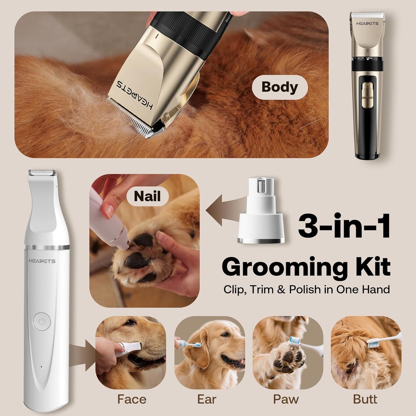 HEAPETS Dog Hair Clippers for Grooming Kit and Dog Paw Trimmer Nail Grinder for Grooming, Low Noise Rechargeable Cordless, Shaver Grooming Supplies for Pet Cats Dogs (Black, White)