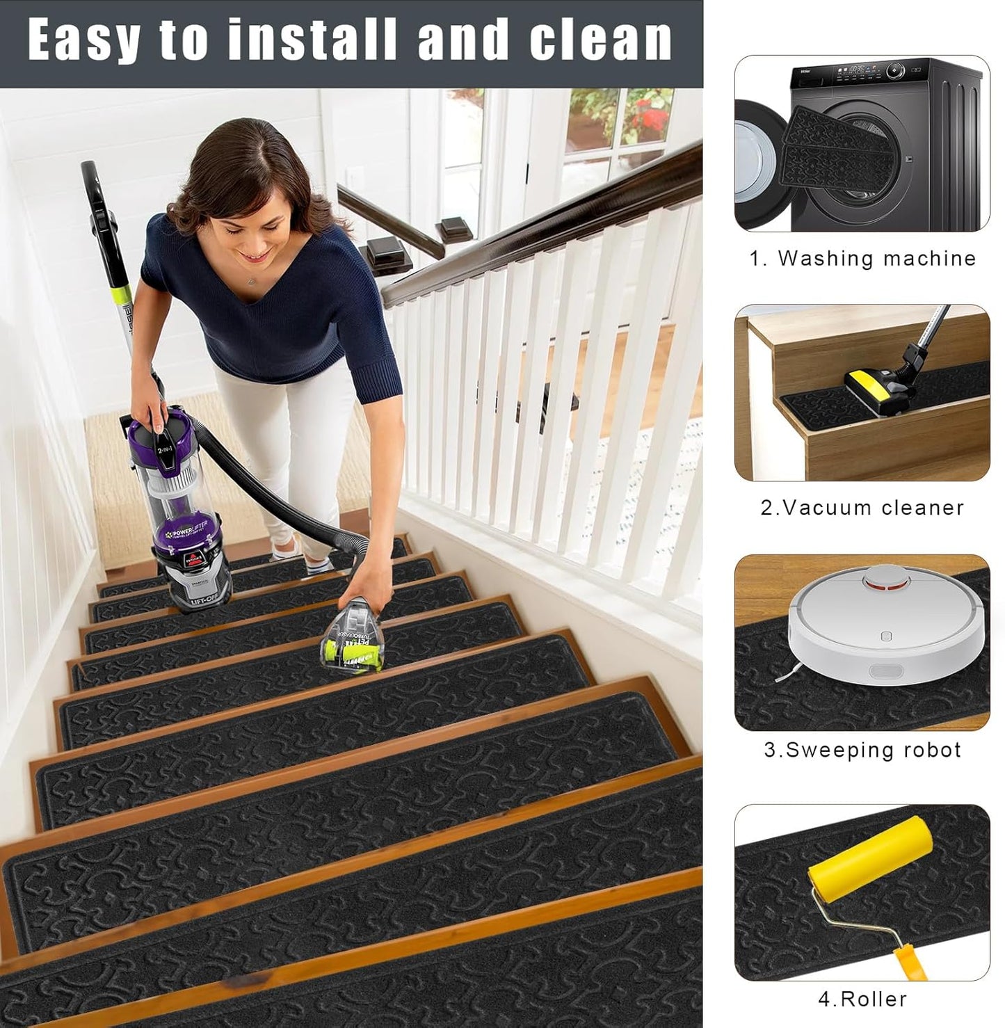 FlowaFoli Stair Treads for Wooden Steps Indoor,8" X 30" (15 in Pack) Stair Treads Non Slip, Machine Washable for Kids Elders and Pets,Beige