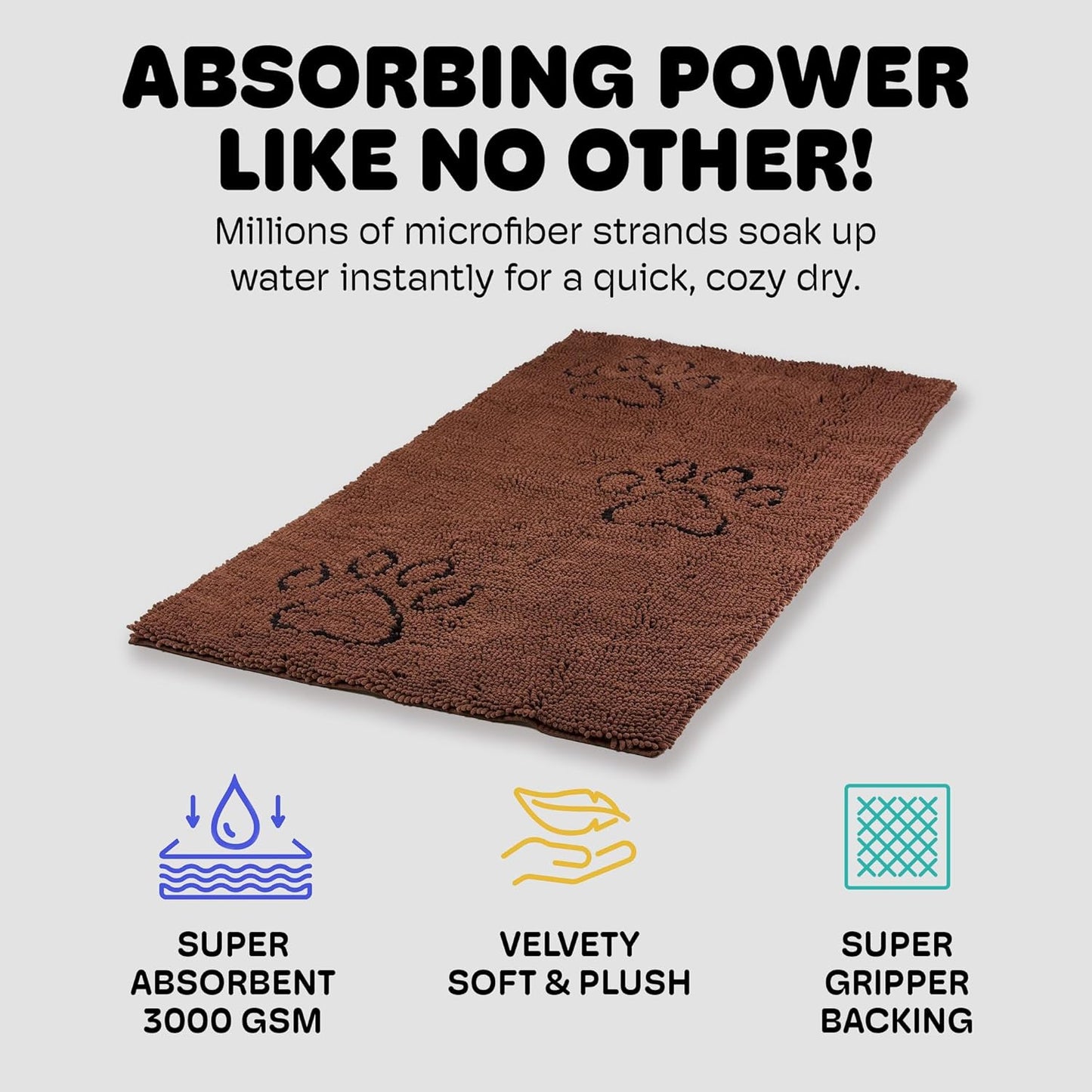 Dog Gone Smart Dirty Dog Doormat - Fast Drying Rug with Super Gripper Backing for Clean Floors - Super Absorbent and Machine Washable Mat for Muddy Paws - Grey