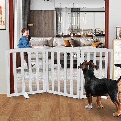 Freestanding Dog Gate Indoor,Doggie Gate Foldable Dog Gates for Doorways,Stairs or Hallways, Wooden White Pet Gate for the House, Pet Fence with Support Feet Included,24 "Height-4 Panels