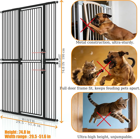 74.8" Extra Tall Pet Gate for Cat, 29.5"-36" Extra Wide Cat Gate with 8 Pressure Bolts, NO Drilling Pressure Mounted Tall Dog Gate Indoor, (White)