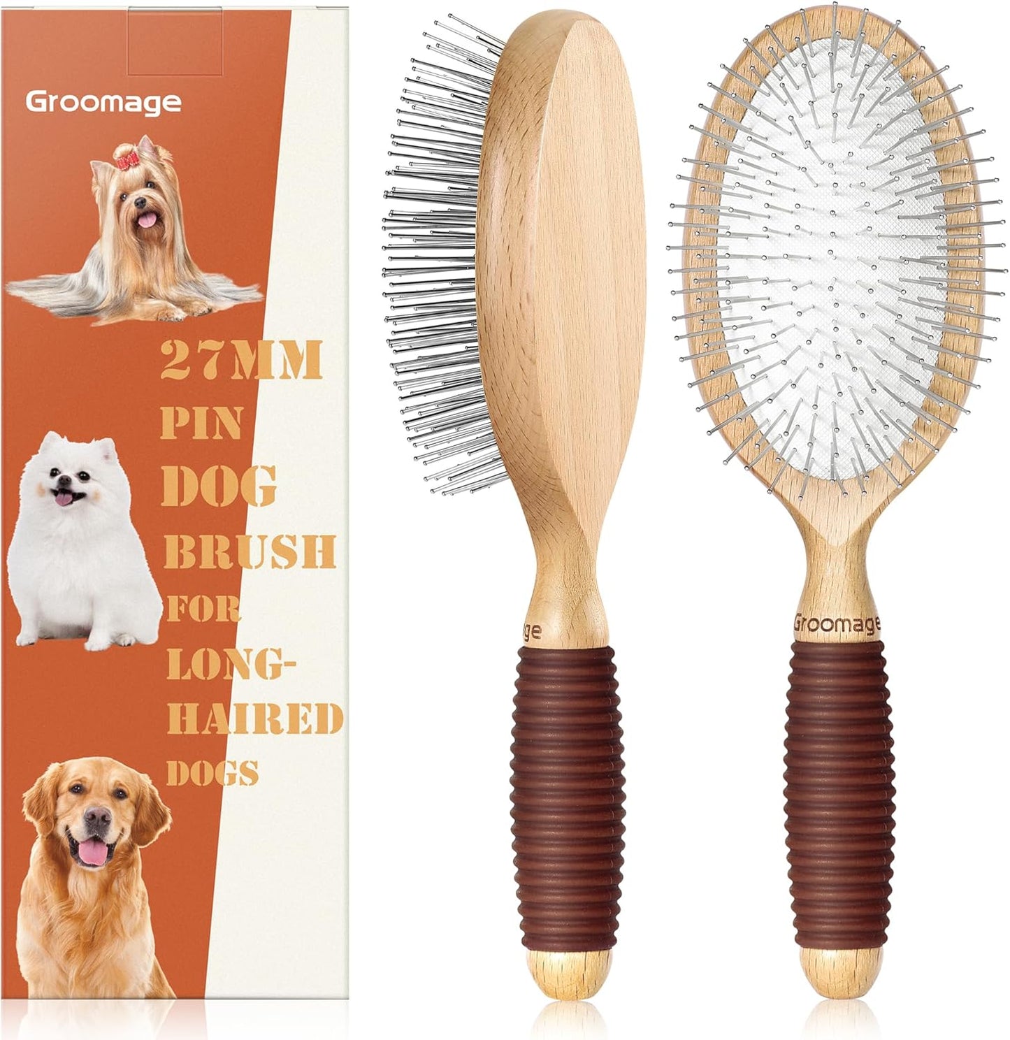 Dog Brush for Long Haired Dogs, 27mm Extra Long Metal Pin Dog Deshedding Brush and Comb Set, Short Haired Shedding Grooming Detail Pets Brush Set with Rubber Handle