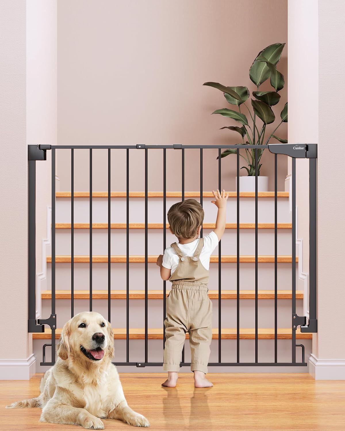 Cumbor 29.2–43" Baby Gate for Stairs, Hardware Mounted (Drill Required), Expandable No Bottom Bar Dog Gate, Auto Close Extra Wide Walk Thru, Pet & Toddler Proof Gate, Top & Bottom of Stairways(Black)