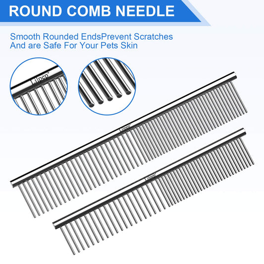 Lilpep 2PCS Stainless Steel Metal Dog Comb, For Removing Tangled Mats And Massaging Pet Combs, Professional Pet Grooming Tools