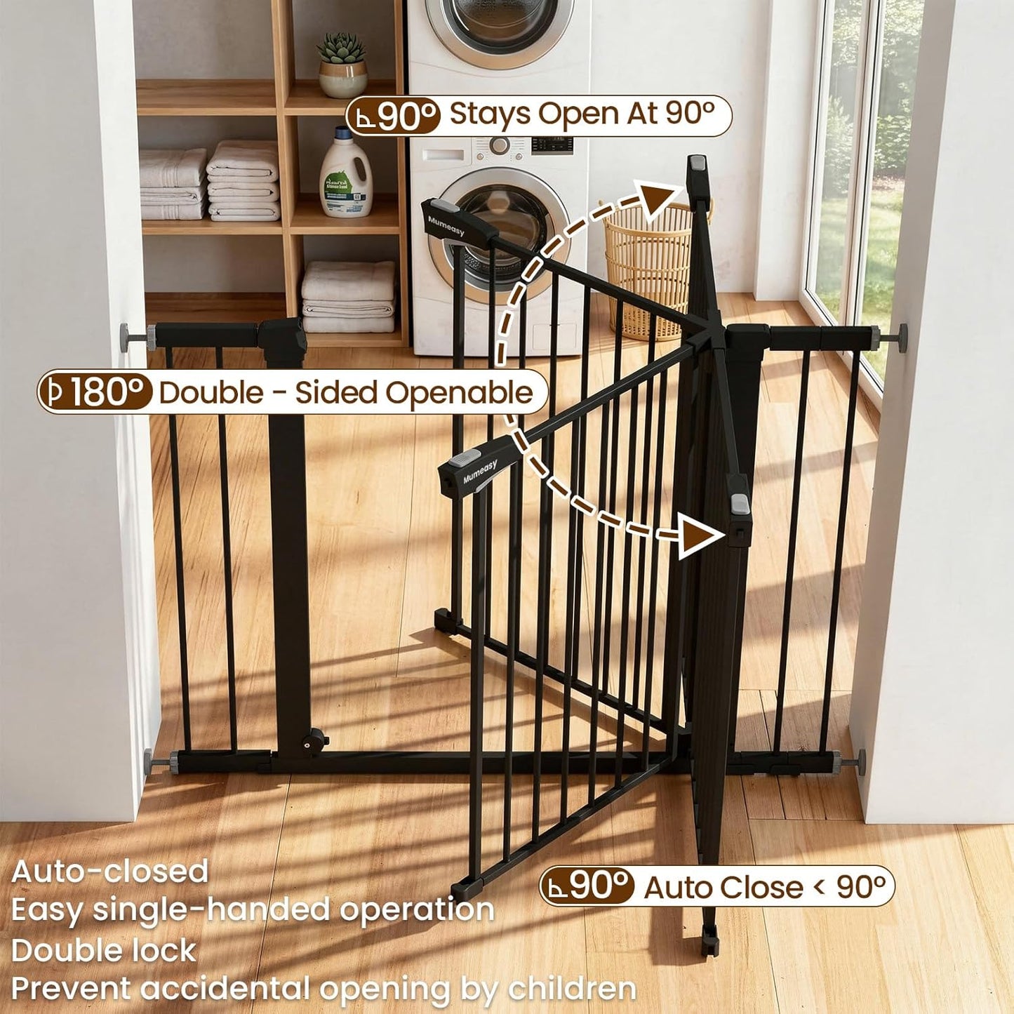 Mumeasy 29.7-46" Baby Gate for Stairs, Pressure Mounted Dog Gate for Doorways, Auto Close Walk Through Pet Gate Indoor, Extra Wide Metal Child Safety Gate, Mom's Choice Awards Winner, Black