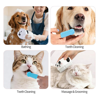 3PCS Pet Grooming Kit – Dog Bath Brush with Soap Dispenser & 2 Finger Toothbrushes | Silicone Dog Shampoo Brush for Small Medium Large Dogs, Soft Deshedding Massage Brush for Puppy & Cats