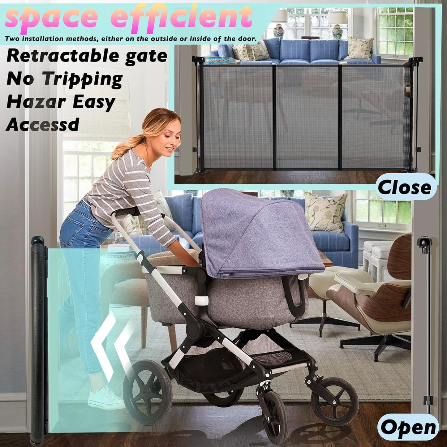 240" Retractable Baby Gates Extra Wide for Large Opening, 41" Extra Tall Retractable Dog Gate Pet Gates, Long Child Safety Mesh Gate with Fiberglass Rods for Stairs, Doorways, Hallways, Indoor/Outdoor