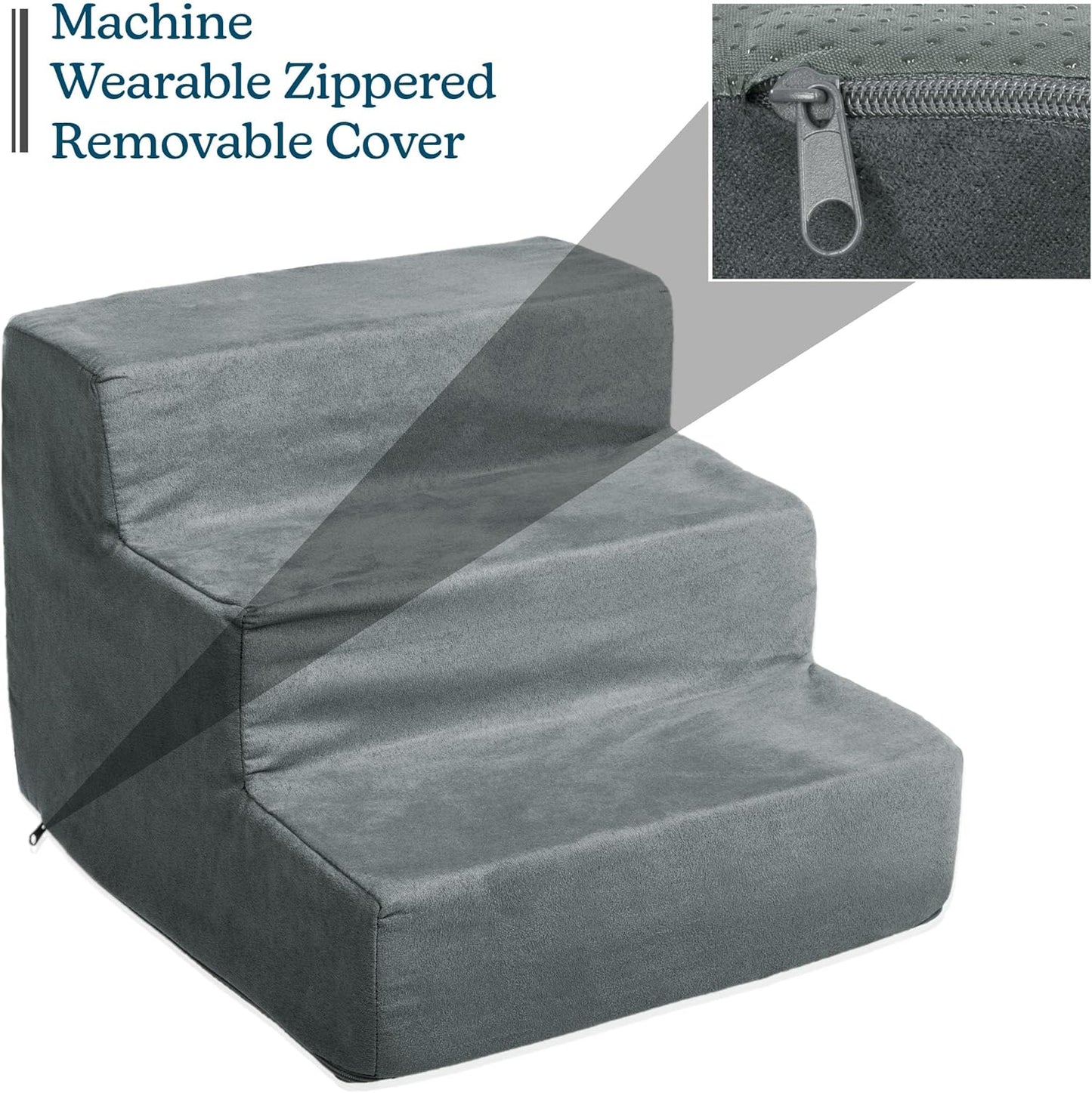 3-Step Pet Stairs - Nonslip Foam Dog and Cat Steps with Removable Zippered Microfiber Cover - 2-Tone Design for Home or Vehicle Use by PETMAKER (Tan)