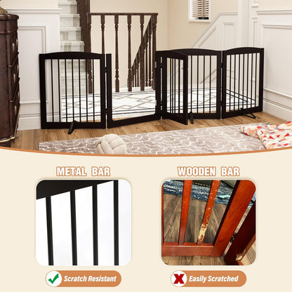 PUPETPO Freestanding Dog Gate with Door, Pet Gate for Stairs, 80 inch Wide Pet Barrier Indoor, Dog Fences Indoor, Support Feet Included, 4 Panels, 24" Tall, Dark Brown