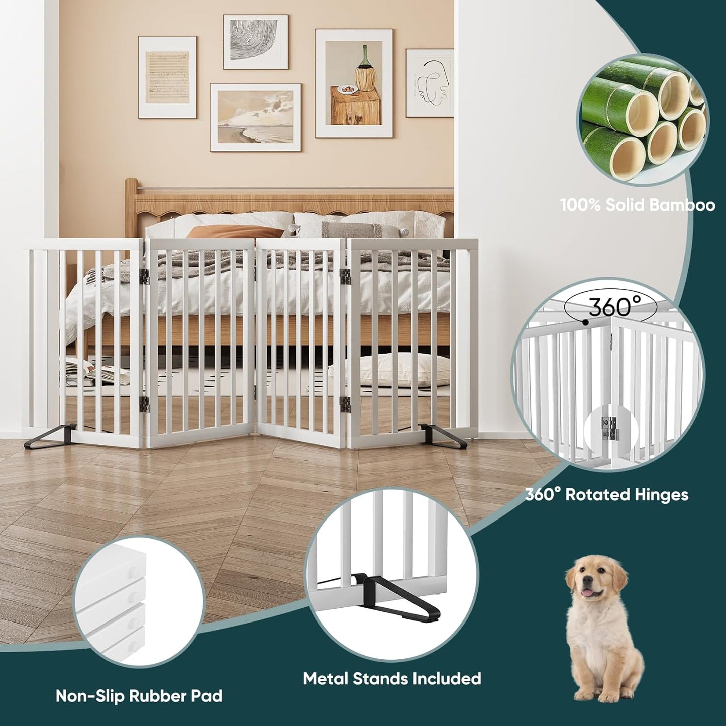 Freestanding Dog Gates Indoor, 3-Panel Pet Gates with 2 Metal Stands and 360° Hinge, 24" H Foldable Dog Gate for Stairs, Doorway, Kitchen, Expands Up to 55" Fully Assembled - Black Walnut