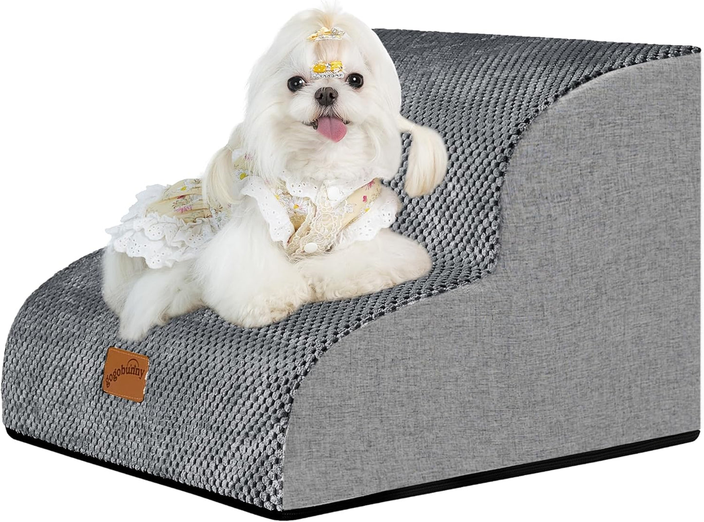 GoGoBunny Ramp Dog Stairs for Couch Sofa and Chair 15.7" H, 3-Step Pet Steps for Small Dogs and Cats, Non-Slip Waterproof Fabric Cover, Stable and Balanced Indoor Step, Pets Friendly, Grey