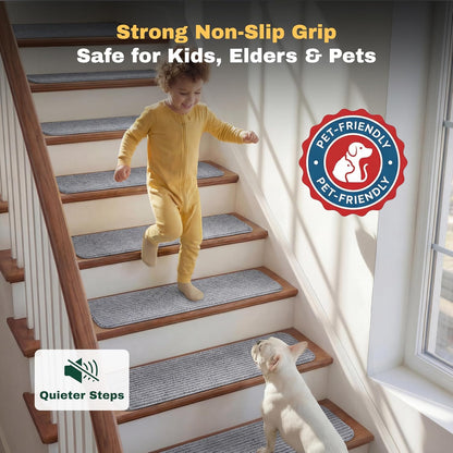 MBIGM 8" X 30" (15 in Pack) Nonslip Carpet Stair Treads Non-Skid Safety Rug Slip Resistant Indoor Runner for Kids Elders & Pets with Reusable Adhesive - Brown - Non Slip Stair Treads Indoor
