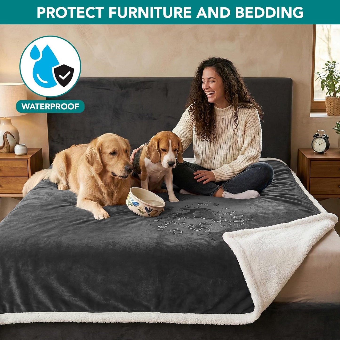 PetAmi Waterproof Dog Blanket for Couch, Large 60x40, Pee Proof Sherpa Fleece Reversible Pet Throw, Furniture Protector for Bed Sofa Kennel, Soft Washable Cover for Medium Dogs Cats, Grey Sherpa