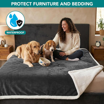PetAmi Waterproof Dog Blanket for Couch, Large 60x40, Pee Proof Sherpa Fleece Reversible Pet Throw, Furniture Protector for Bed Sofa Kennel, Soft Washable Cover for Medium Dogs Cats, Grey Sherpa