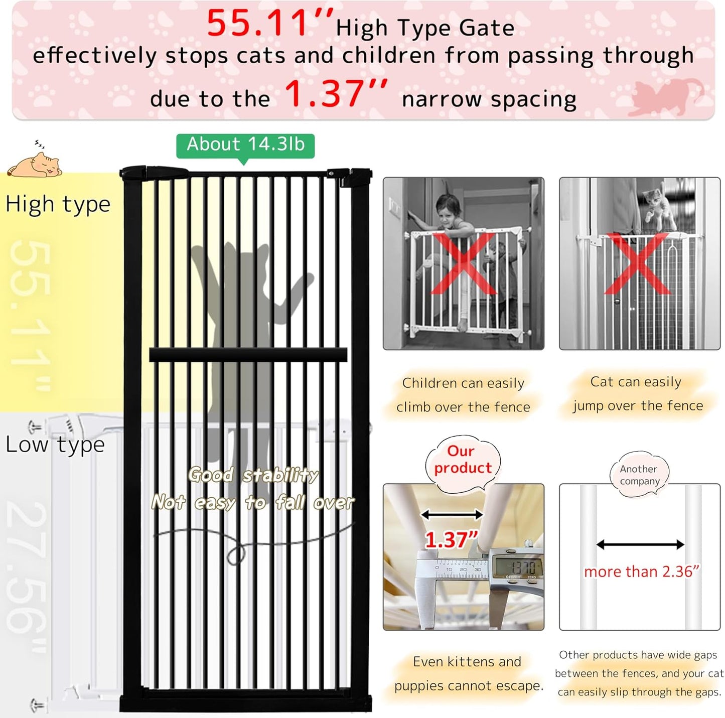 Lumizone Extra Tall Cat Gate 61.02" High Pressure Mounted Extra Wide 30.12"-34.05" (17Sizes) 1.37" Gap No Drilling Auto-Close Tall Pet Gate for Dogs (Black, 30.12"-34.05" W)