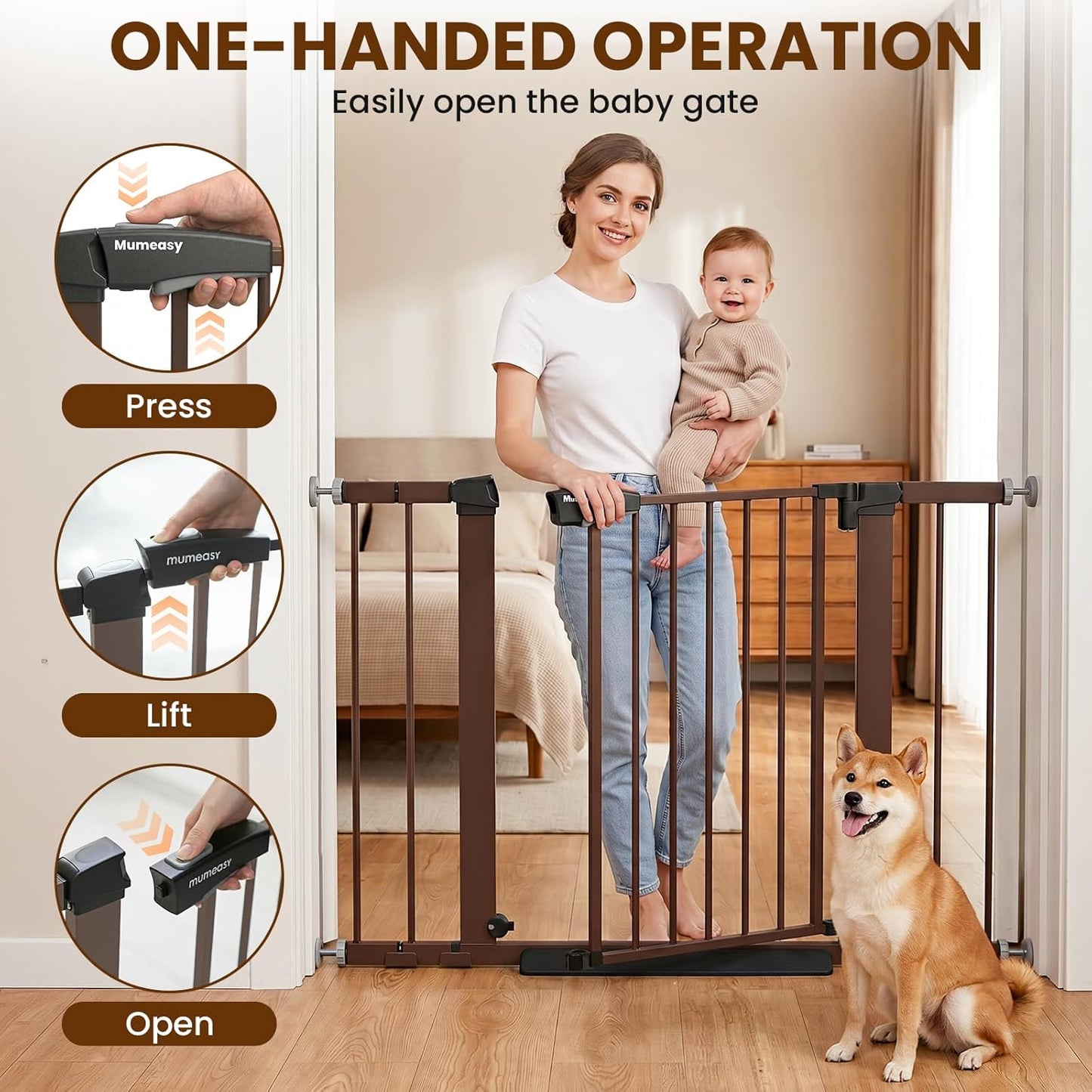 Baby Gate for Stairs, 29.7-40.6" Auto Close Dog Gate Indoor for Doorways, Dual-Lock Design, Adjustable Pet Gate No Drilling with Walk Thru Door for Hallways, Stroller Friendly, Black