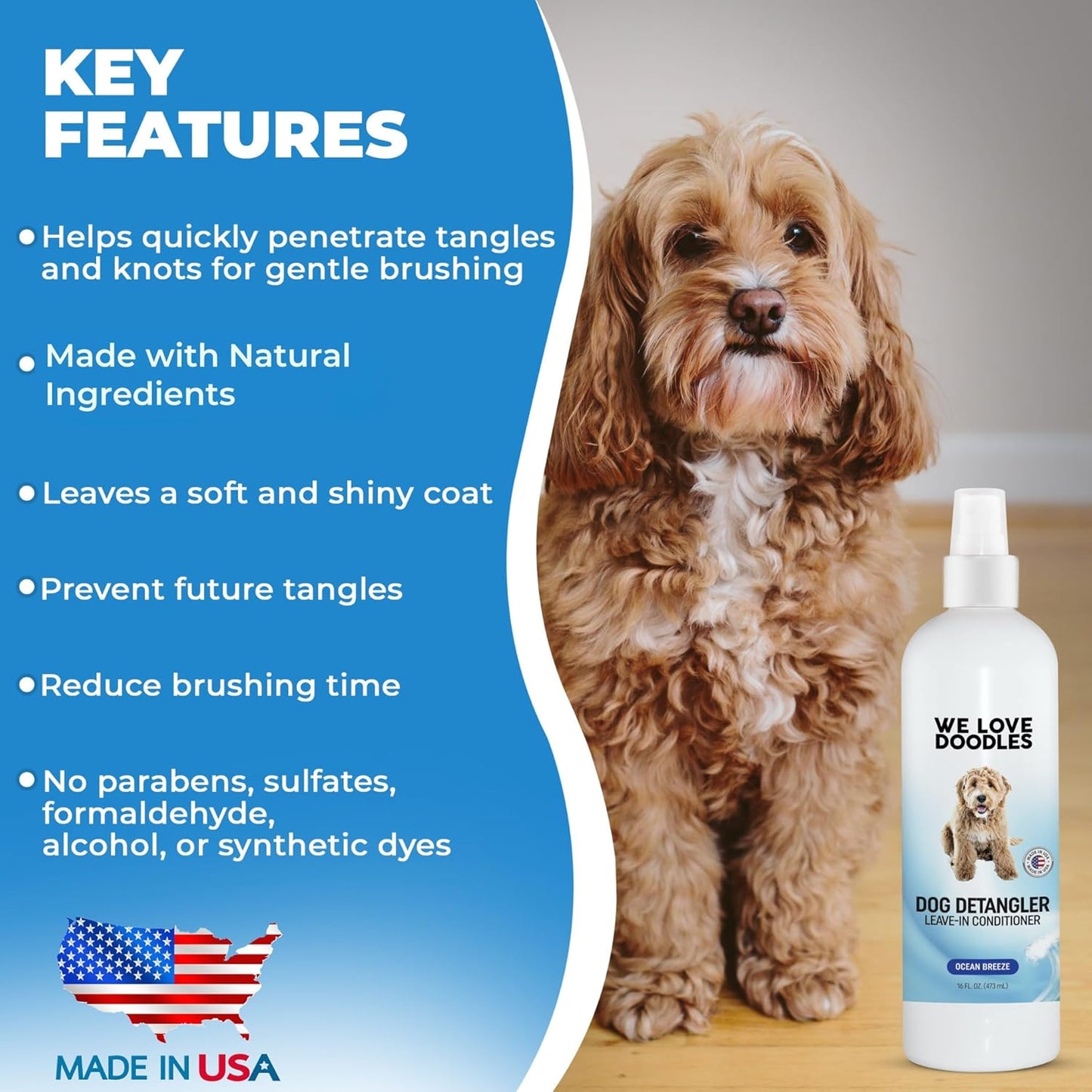We Love Doodles Dog Detangler Spray - Leave-in Conditioner for Dogs - Dog Detangling Spray - Dematting Spray for Dogs - Tangle Remover - Made in The USA, Large 16 fl oz (Ocean Breeze)