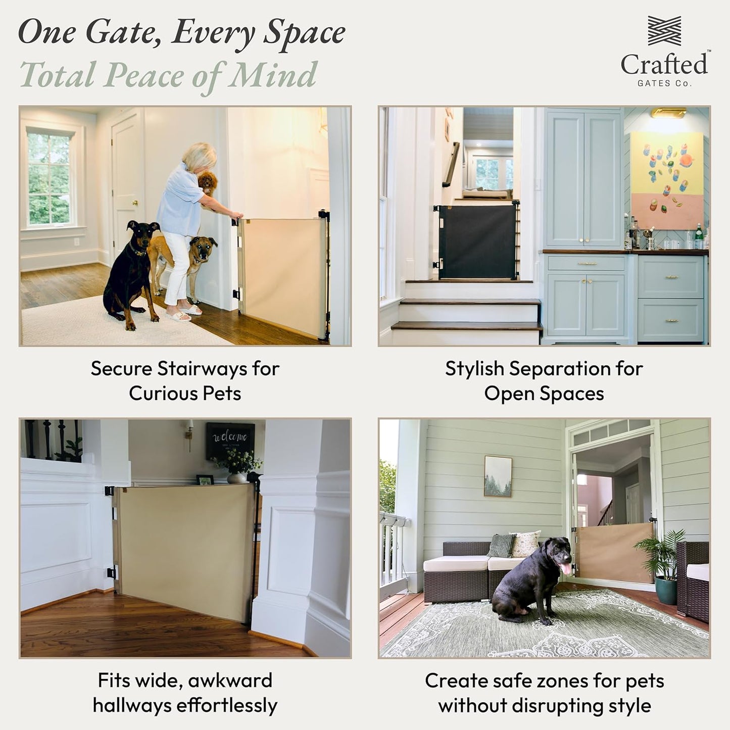 Crafted Gates Oil Waxed Canvas Fabric Retractable Dog Gate Indoor & Outdoor 27.6"–55" Wide x 33" Tall – Premium Designer-Grade Stair Gate for Dogs, Water Resistant, Scratch-Proof – Black