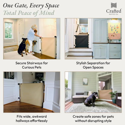 Crafted Gates Oil Waxed Canvas Fabric Retractable Dog Gate Indoor & Outdoor 27.6"–55" Wide x 33" Tall – Premium Designer-Grade Stair Gate for Dogs, Water Resistant, Scratch-Proof – Black