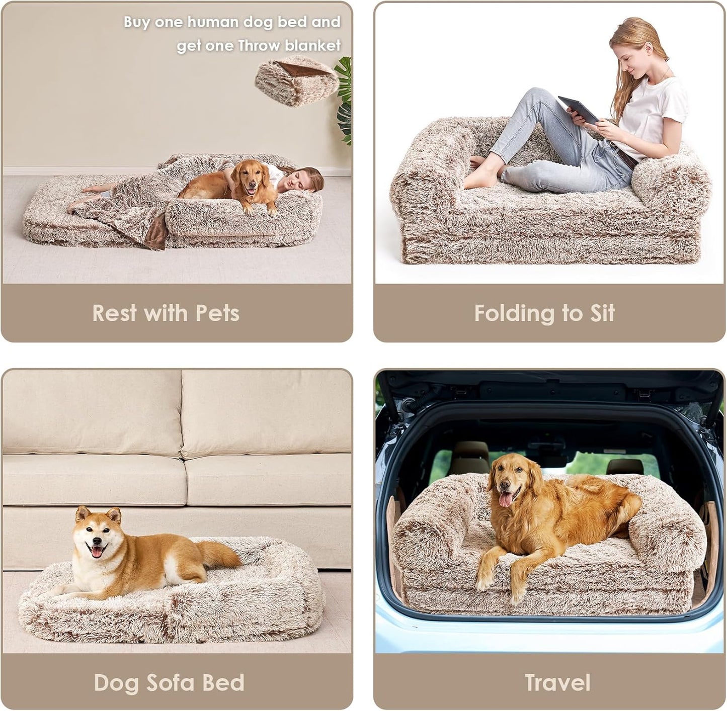 EHEYCIGA Foldable XXL Dog Bed for Large Sized Dog, 54"x38"x7.5" Faux Fur Fluffy Pet Couch Bed, Orthopedic Calming Memory Foam Big Pet Bed, Washable Pet Sofa Bed with Non-Slip Bottom, Dark Grey