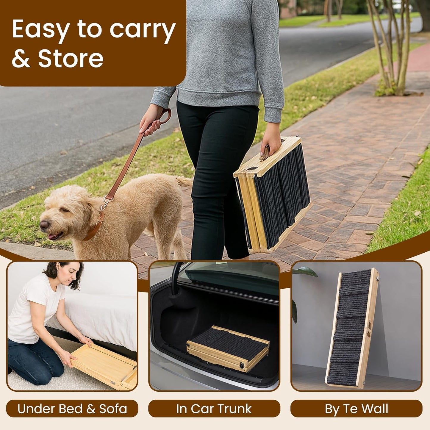 Upgraded 2026 MYUNIK Adjustable Small Dog Ramp 37.8" Foldable Solid Wood Pet Small Ramp with 5 Heights 13.6–21.5", Non-Slip Carpet Handle Ramp for Bed Couch Sofa & Car