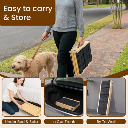 Upgraded 2026 MYUNIK Adjustable Small Dog Ramp 37.8" Foldable Solid Wood Pet Small Ramp with 5 Heights 13.6–21.5", Non-Slip Carpet Handle Ramp for Bed Couch Sofa & Car