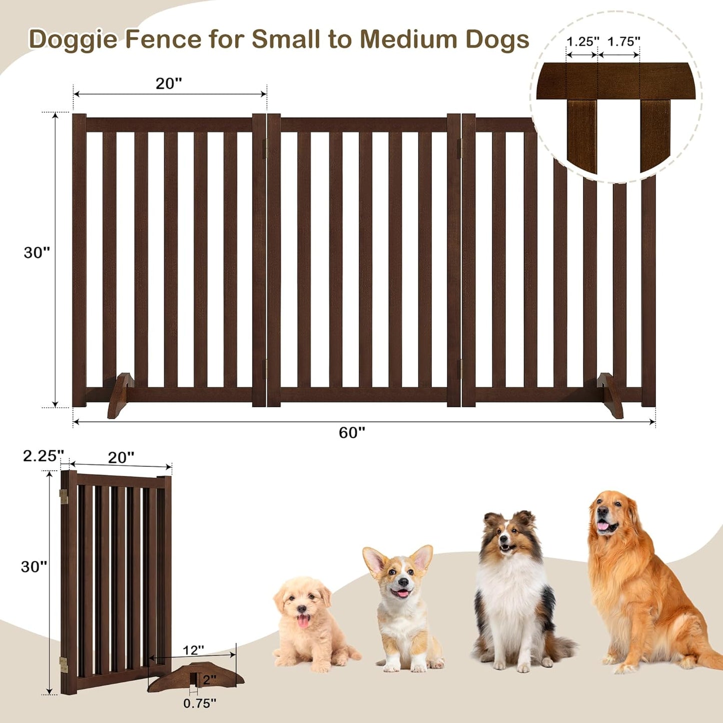 36" Height Extra Tall Freestanding Pet Gate, Solid Wood Folding Safety Fence Wooden Dog Gate with 2 PCs Support Feet Ideal for Stairs, Doorways, Halls, Kitchens, Heavy Duty Gates, 3 Panels, Oak