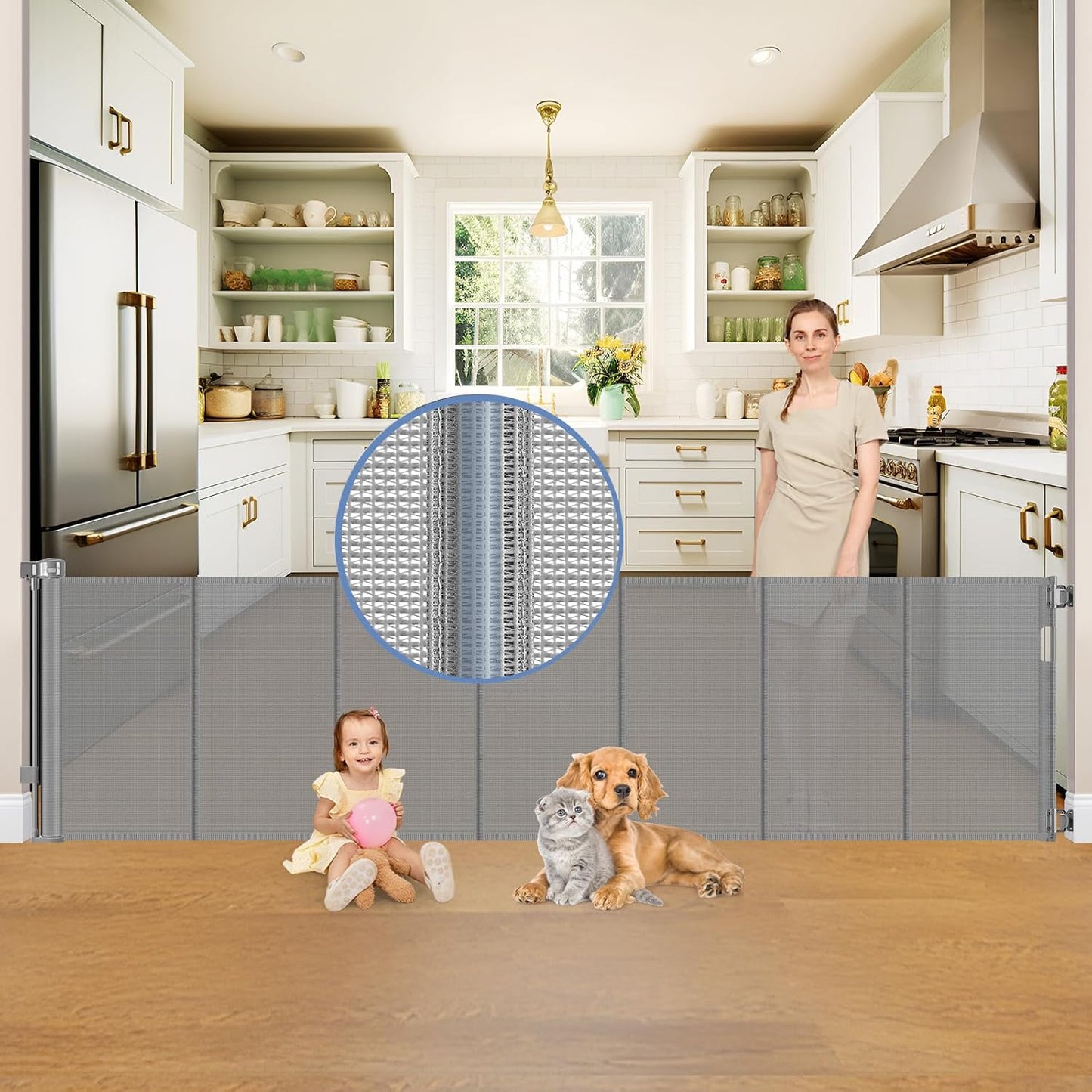 Reinforced 90 Inch Retractable Baby Gates Extra Wide Baby Gate with Reinforced Strips, 7.5ft Long Retractable Dog Gate for The House 33 Inch Tall Extra Long Pet Gates for Wide Openings, Black