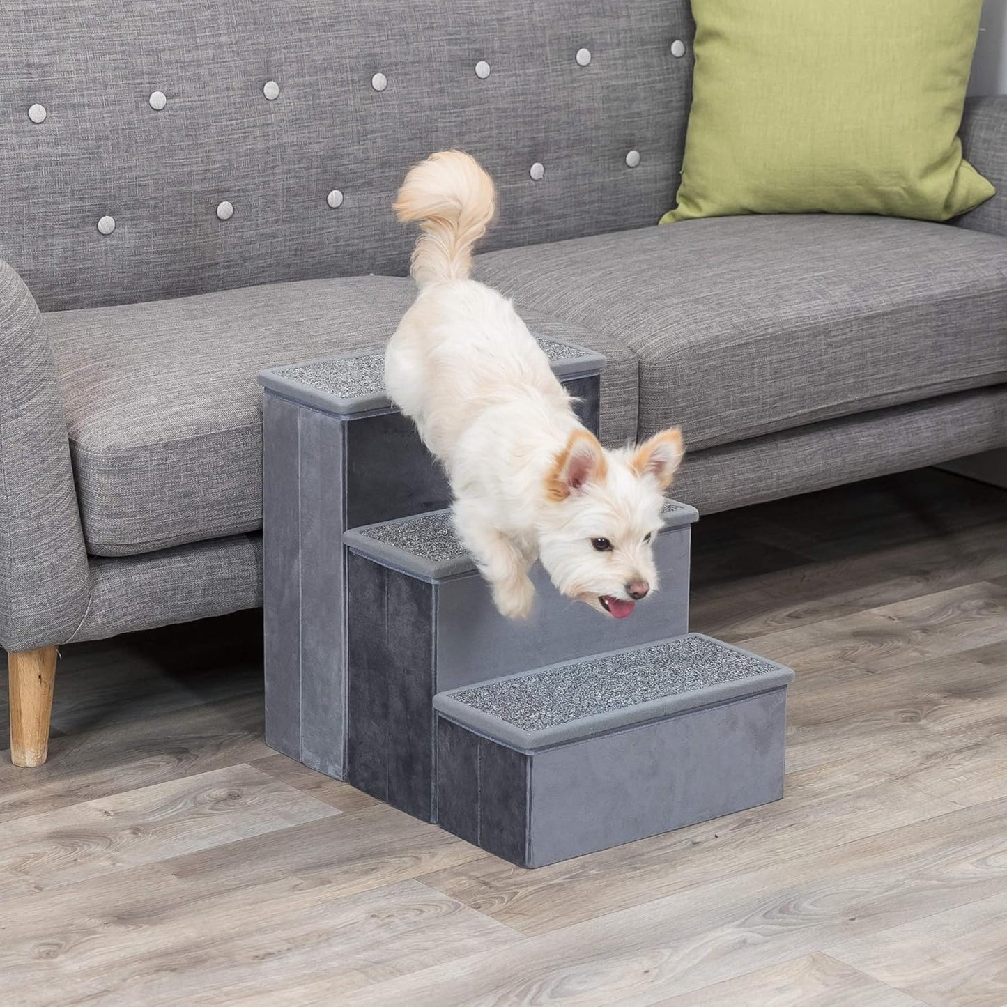 Trixie Velour Dog Stairs with Tread Steps - 4 Step Pet Stairs for Beds and Couches - Foldable with Additional Storage Space - Gray