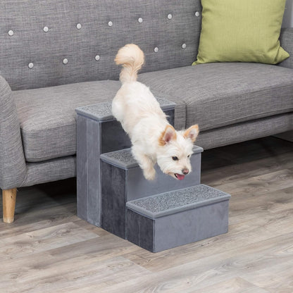 Trixie Velour Dog Stairs with Tread Steps - 4 Step Pet Stairs for Beds and Couches - Foldable with Additional Storage Space - Gray