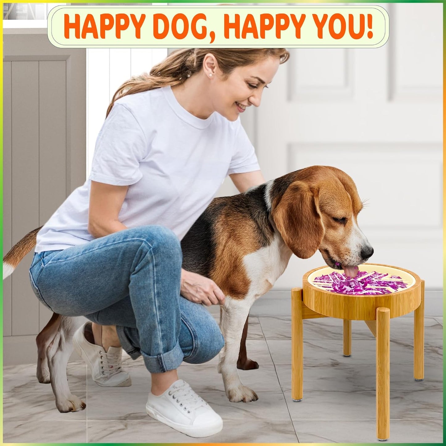 Elevated Slow Feeder Dog Bowls Large Breed - (12-inch-high) - Raised Bowl with Anti-Choking Insert - Stainless Metal and Bamboo
