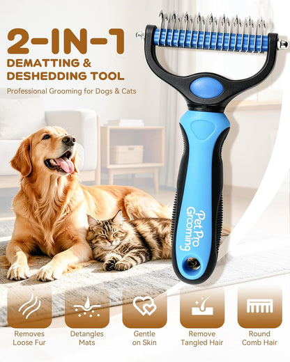 Tool, 2-In-1 Double-Sided Grooming Tool, Deshedding Dog Brush, Pet Shedding Remover Rounded-Tooth Comb For Painlessly Removing Knots And Loose Hair (Blue-Large)