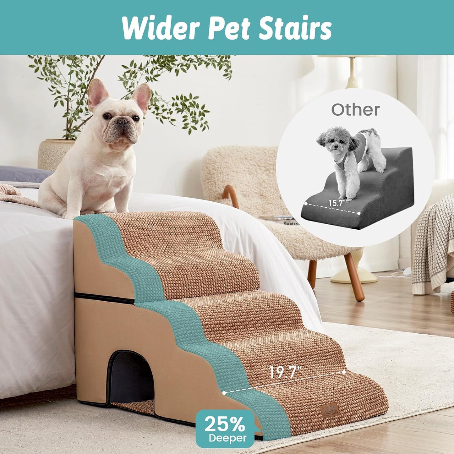 COZY KISS Extra Wide Dog Stairs with Tunnel, Foam Detachable Large Dog Step for Small Pet, Puppy or Cats, Medium Pet Ramp for High Bed, Couch, Sofa or Car, 19.7x33x22.4 inch, 5 Step, Beige