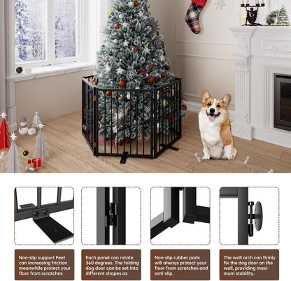 4 Panels Full Metal Freestanding Dog Gates with Door, 80” W x 32” H Folding Pet Gate Fence with Support Feet for Indoor,Stairs, Hallways and Doorways(Black)