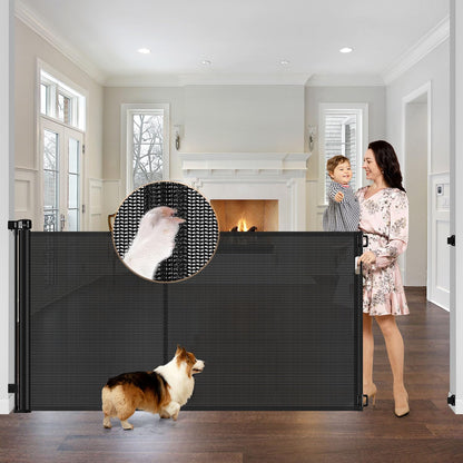 Reinforced 42" Tall Retractable Dog Gate, 155" Extra Long Retractable Baby Gate with Support Rods - Prevent Crawling Under, Indoor/Outdoor Retractable Gate Extra Tall Baby Gate Retractable Fence/Black
