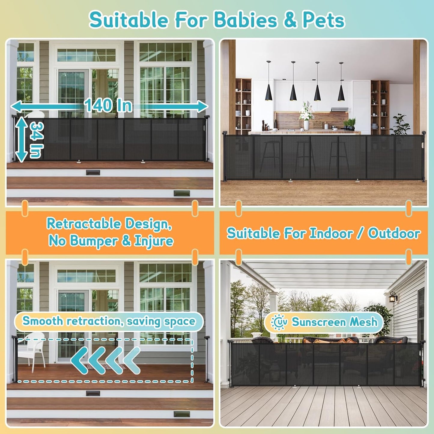 Retractable Baby Gates Extra Wide 150" × 34" Tall for Large Opening 12.5 Foot Retractable Dog Gate for Doorways, Stairs, Aisle, Indoor/Outdoor Retractable Gate for Garage, Hallways, Deck