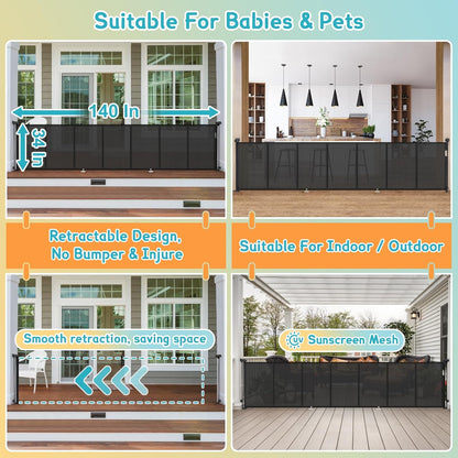 Retractable Baby Gates Extra Wide 150" × 34" Tall for Large Opening 12.5 Foot Retractable Dog Gate for Doorways, Stairs, Aisle, Indoor/Outdoor Retractable Gate for Garage, Hallways, Deck