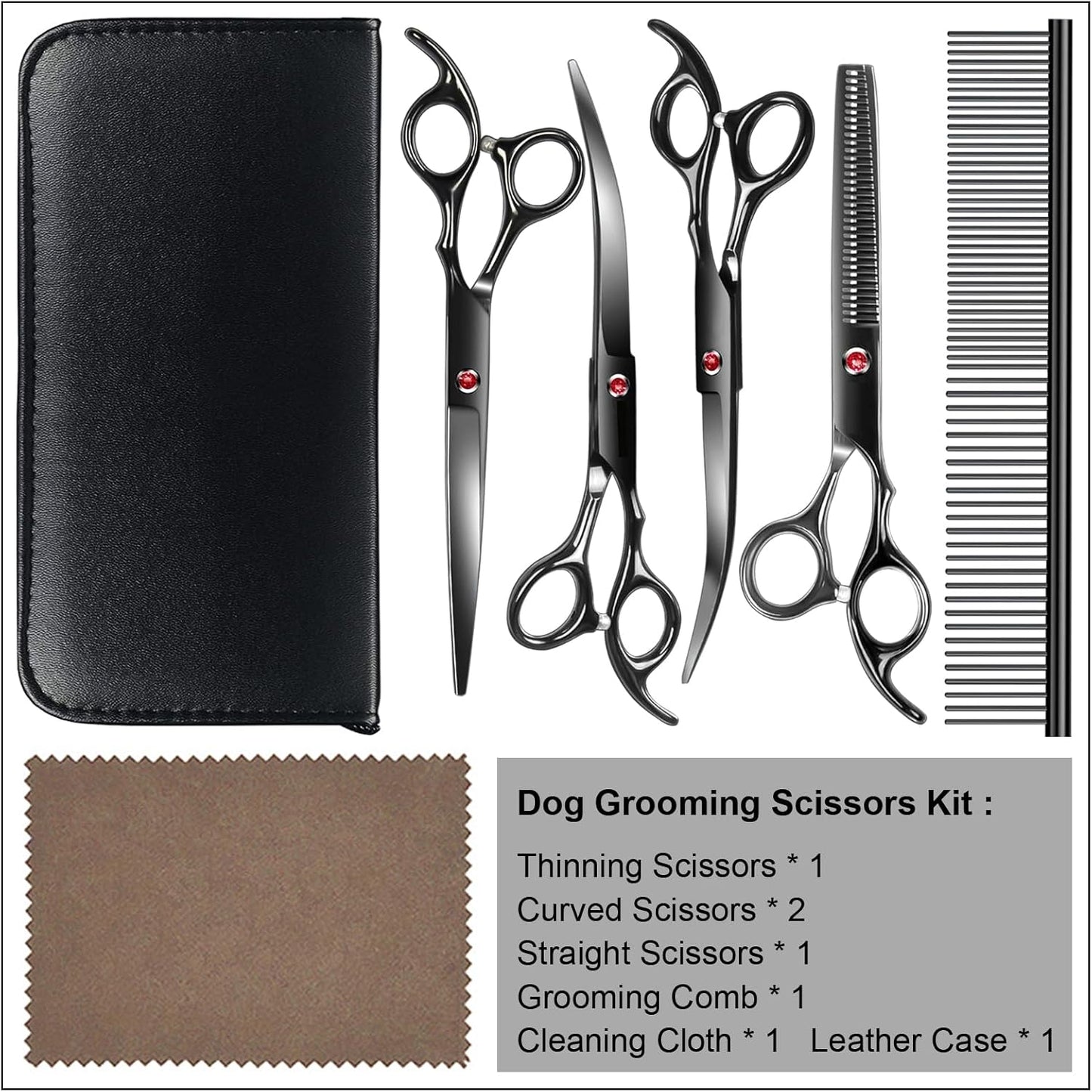 TINMARDA Dog Grooming Kit, Professional Stainless Steel Dog Grooming Scissors with Curved Shears, Pink Finger Rings - 4 Piece Sharp Durable Pet Shears for Dogs Cats At Home Salon-Quality Grooming