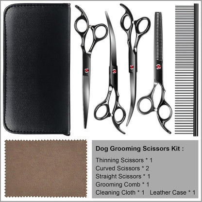TINMARDA Dog Grooming Kit, Professional Stainless Steel Dog Grooming Scissors with Curved Shears, Pink Finger Rings - 4 Piece Sharp Durable Pet Shears for Dogs Cats At Home Salon-Quality Grooming