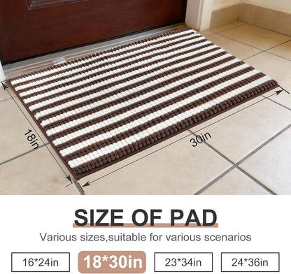 pobopobo Dog Door Mat for Muddy Paws - Absorbent & Washable Chenille Rug, Non-Slip Dirt Trapper for Indoor Outdoor Entryway, Quick Dry Pet Mat for Muddy Dogs (Striped Gray-Blue&White, 24" x 16")