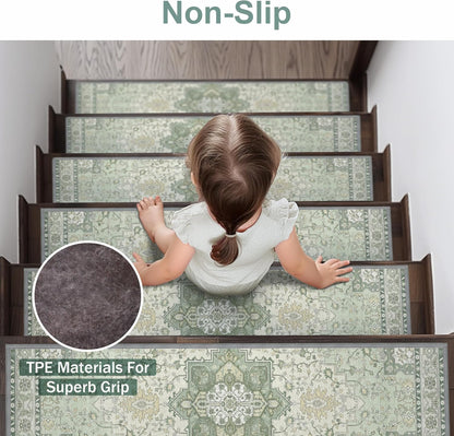 sarben Non Slip Stair Treads for Wooden Steps 15PCS - 8"x30" Indoor Safety Carpet, Edging Mats with TPE Adhesive Backing, Pet and Elderly Friendly Stair Rugs (Taupe) - Colors B