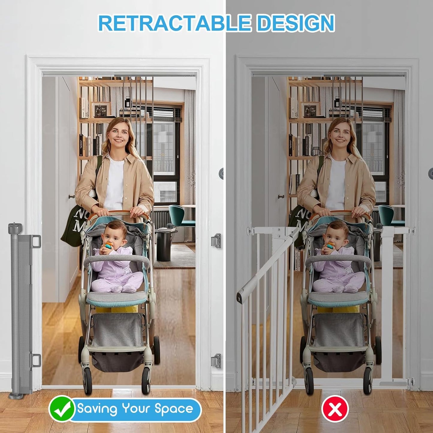 Upgrade 120 inch Retractable Baby Gates, EZIGO Extra Wide Baby Gate for Large Opening Extra Long Mesh Gate for Kids or Pet Dog Gate Child Safety Gate for Stairs Hallways Doorway Indoor Outdoor, Gray