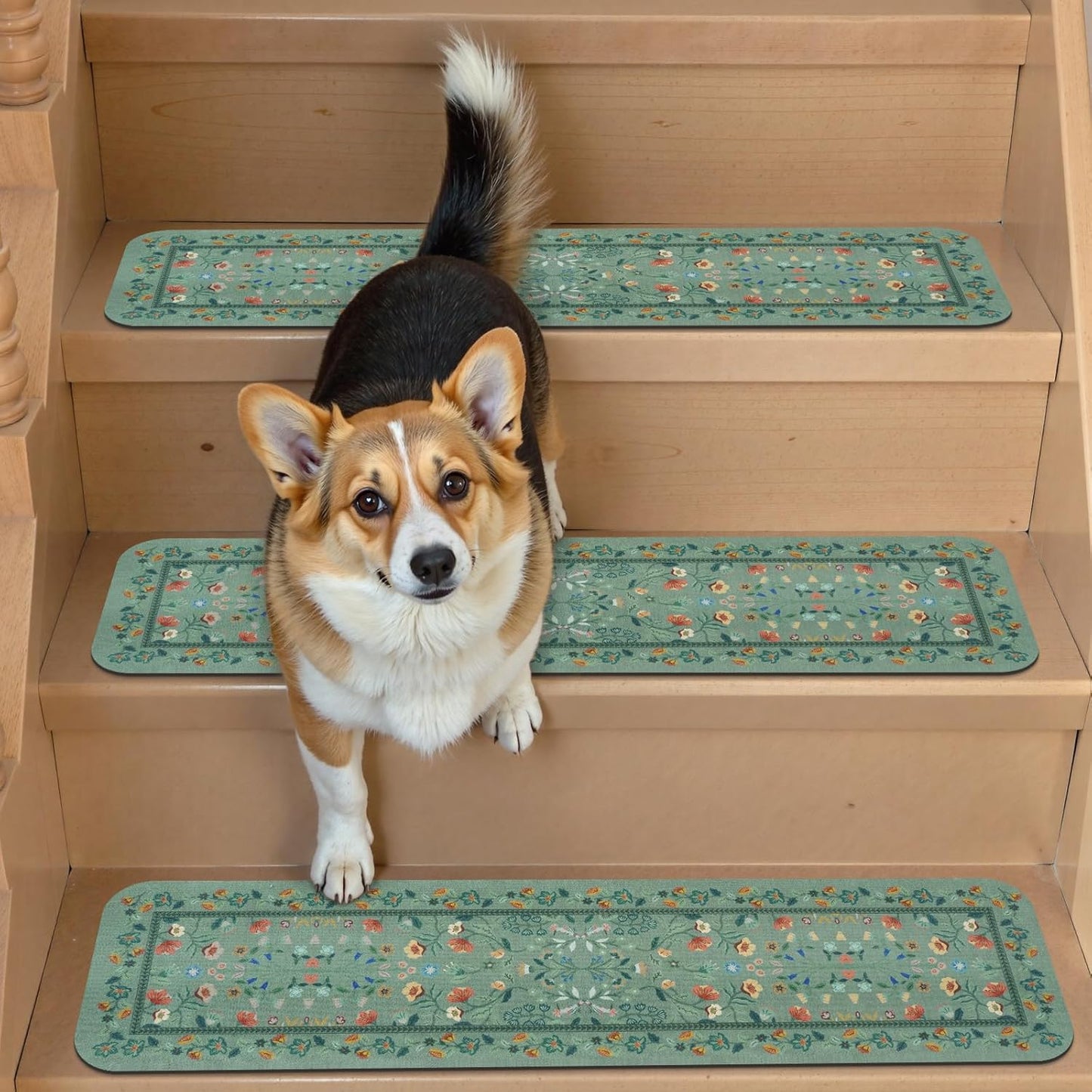 OJIA Floral Stair Treads Non-Slip Carpet Stair Treads for Wooden Steps Indoor 15PCS 30"x8" Stair Runner Stair Mats Staircase Step Treads for Kids, Elders and Dogs, Stair Covers, Black