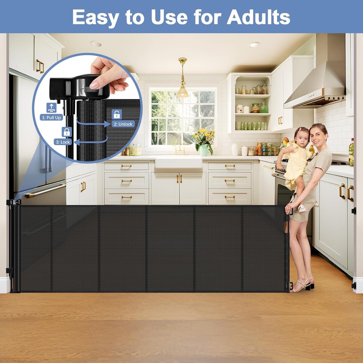 Reinforced 90 Inch Retractable Baby Gates Extra Wide Baby Gate with Reinforced Strips, 7.5ft Long Retractable Dog Gate for The House 33 Inch Tall Extra Long Pet Gates for Wide Openings, Black